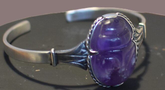 Carved Amethyst Scarab Silver Cuff