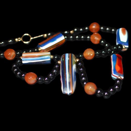 Surfite, Onyx, and Carnelian Bead Necklace