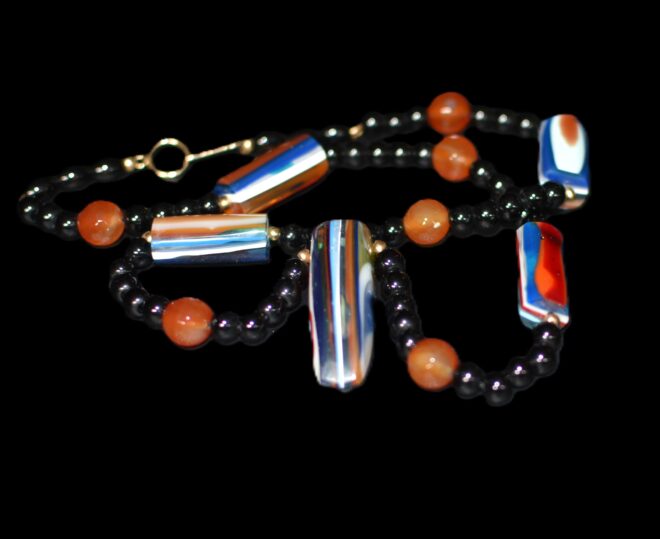 Surfite, Onyx, and Carnelian Bead Necklace