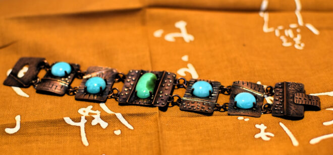 Copper Bracelet by Denise Silberman - with Chrysoprase and Amazonite - Image 2